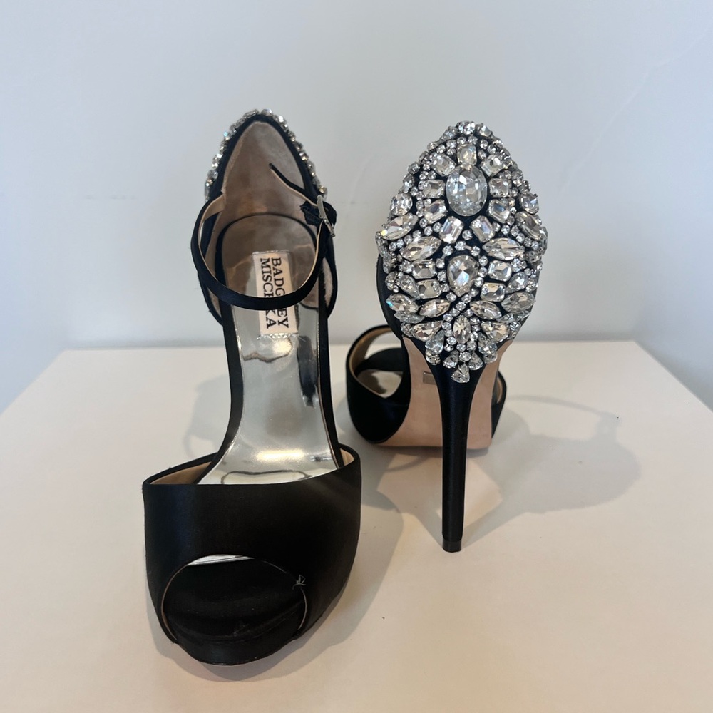 Badgley Mischka Dawn Embellishes Satin Black heels